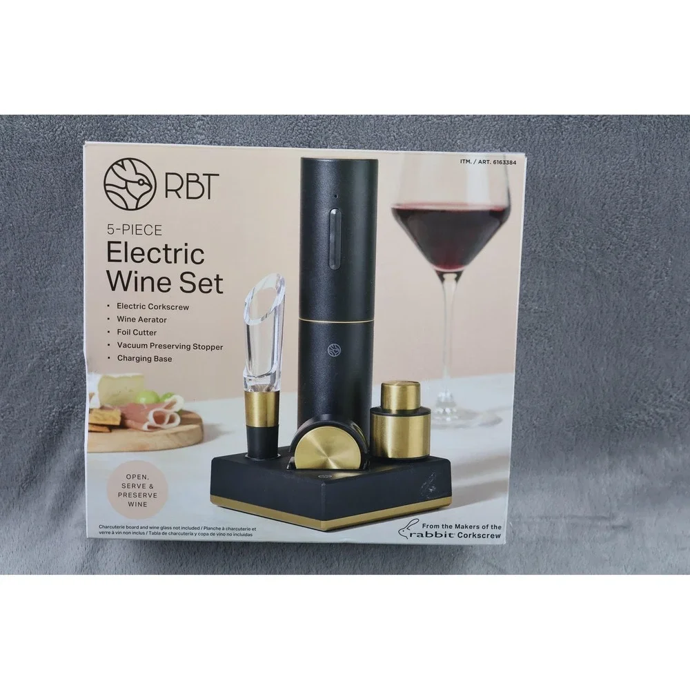 RBT 5-Piece Electric Wine Set Corkscrew‎ Aerator Stopper Rechargeable Black Gold